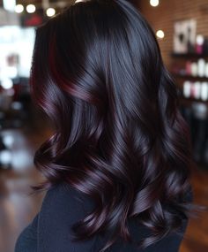 Jet Black Hair with Auburn Features Black Hair With Black Cherry Highlights, Black Hair With Auburn Highlights, Hair With Auburn Highlights, Jet Black Hair With Highlights, Dark Violet Hair, Big Curls For Long Hair, Dark Hair Shades, Hair Colors For Dark Hair, Plane Black