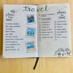 an open travel planner on a wooden table with notes and pictures in the pages that read, places i've been