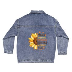 🌻🎁Surprise Mom with the perfect gift! 🙌 This Mom Sunflower Motif Oversized Denim Jacket is the ultimate way to show her love and appreciation on Mother's Day or her birthday. 💐👩‍👧‍👦 #GiftsForMom #MothersDay #BirthdayGift #SunflowerJacket #OversizedDenim #MomLove #Motherhood #TreatYourself #FashionableMom #TrendingGifts #motherhood #mothersday #momgifts Sunflower Denim Jacket, Casual Spring Outerwear For Birthday, Sunflower Motif, Birthday Gift For Mother, Cute Sunflower, Message Mom, Mother Birthday Gifts, Oversized Denim Jacket, Sunflower Design