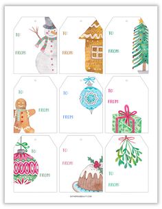 printable christmas gift tags with gingerbreads, snowman, tree, ornament