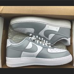 Handed Painted- Grey Air Force Ones. Check Out Page On Instagram @_designer1_ Sporty Nike Air Force 1 For Streetwear In Gray, Modern White Nike Custom Sneakers, Nike Custom Gray Sneakers For Streetwear, Sporty Gray Nike Custom Sneakers, Modern White Nike Air Force 1, Nike Air Force 1 Gray Sports Shoes, Nike Air Force 1 Gray, Nike Air Force 1 Men, Air Force 1 Outfit