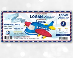 a blue and yellow airplane ticket is shown on a white background with some lights around it