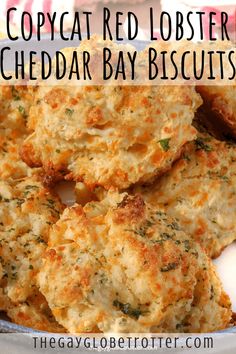 cheddar bay biscuits with text overlay that reads copycat red lobster cheddar bay biscuits