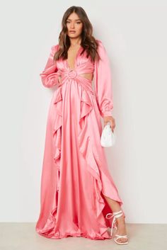 SATIN RUFFLE PLUNGE MAXI DRESS #barbiepink #barbieaesthetic #hotpink #pinkoutfits Pink Bridesmaid Dresses With Sleeves, Bridal Party Dress, Dress Satin Bridesmaid, Bridesmaid Dresses Satin, Hen Party Outfits, Plunge Maxi Dress, Bridesmaid Dress Collection, Dress Feminine, Bridesmaid Dresses With Sleeves