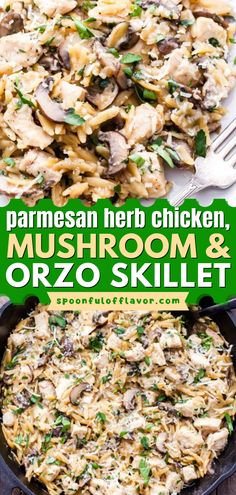 Another go-to comfort food for the whole family! It's a one-pot meal that's ready in just over 30 minutes. Made with parmesan herb chicken and mushrooms, this orzo skillet recipe is creamy and decadent-tasting. The perfect weeknight dinner! Dinner With Mushrooms, Chicken Spinach Mushroom, Orzo Skillet, Fried Turkey Recipes, Chicken Mushroom Recipes, Healthy Budget, Chicken Mushroom, One Skillet Meals