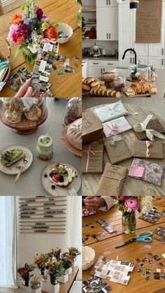 a collage of photos with food and flowers on the table