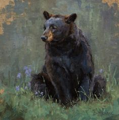 a painting of a black bear sitting in the grass