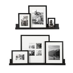 three black and white frames with pictures on them