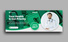 a green medical banner with a doctor's photo on it and the words your health is our priority