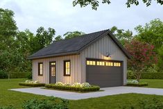 a small house with a garage in the front yard