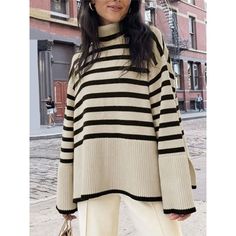 Monochrome Striped Oversized Turtleneck Sweater | The Urban Clothing Shop™ Sweater Streetwear, Sweaters Black, Turtleneck Sweaters, Oversized Turtleneck Sweater, Oversized Sweaters, Oversized Turtleneck, Striped Turtleneck, Chic Sweaters, Womens Turtleneck