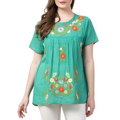 Raj Salena Embroidered Blouse From the sea to the shore and all the places in between. This blouse resonates in a season that's full of swelter. Top it over shorts and skirt for impeccable chic and ease. Embroidered Hem Top For Summer Vacation, Summer Vacation Blouse With Embroidered Hem, Summer Blouse With Floral Embroidery And Short Sleeves, Summer Casual Blouse With Embroidered Hem, Casual Summer Blouse With Embroidered Hem, Green Embroidered Hem Blouse For Spring, Spring Green Blouse With Embroidered Hem, Summer Beach Embroidered Top With Hem Detail, Beach Top With Embroidered Hem