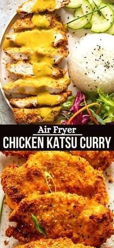 chicken katsu curry with rice and cucumber on the side is shown in this collage