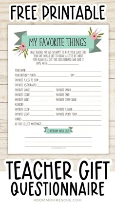 the free printable my favorite things teacher gift question