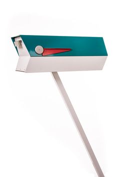 a green and white mailbox with a red handle on it's side, sitting in front of a white background