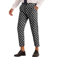 The pleated front polka-cropped pants are classic, unique, and stylish. Polka dot print cropped dress pants can be worn with a dress shirt, sweater, polo shirt, blazer, or trench coat for an elegant and stylish look. Polka dot print pants are perfect for office work, graduations, proms, wedding parties, ceremonies, festivals, and more. Spring Polka Dot Cotton Pants, Fitted Polka Dot Casual Bottoms, Elegant Fitted Polka Dot Bottoms, Elegant Polka Dot Bottoms For Workwear, Elegant Polka Dot Bottoms For Work, Elegant Polka Dot Bottoms For Spring, Elegant Polka Dot Spring Bottoms, Fitted Polka Dot Chic Pants, Chic Fitted Polka Dot Pants