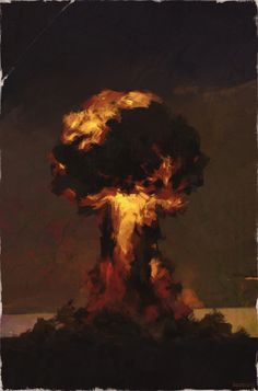 an oil painting of a large mushroom like object in the air with flames coming out of it