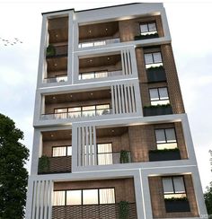 an apartment building with balconies and plants on the balconies is shown