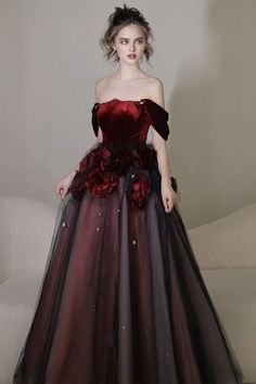 Gothic Vampire Prom Dress, Red Rose Gown, Gothic Ball Dress, Black Dress With Red Accents, Gothic Wedding Dress Red, Black And Red Dress Formal Ball Gowns, Black Dress Fantasy Gowns, Red And Black Dress Aesthetic, Red Ball Gown Elegant