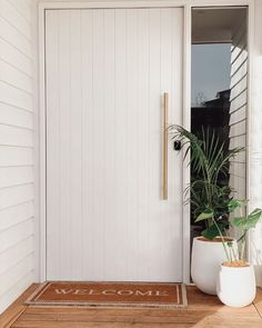 a welcome mat and potted plant on the front door