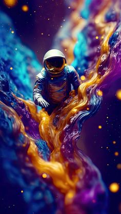 an astronaut floating in space surrounded by blue and yellow liquid