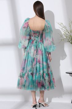 Corset Long Sleeves Watercolor Print Tulle Dress