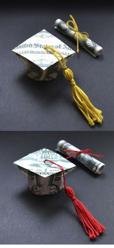 graduation cap and tassels made out of money