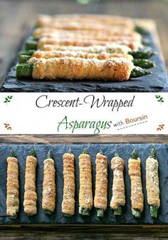 several different types of appetizers are displayed on a tray with the words, crescent - wrapped asparagus with bournin