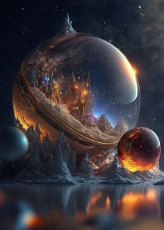 an image of some kind of planet in the sky with fire and ice around it