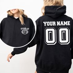 Custom Football Hoodie,  Football Mom Hoodie, Soccer Mom Gifts, Cute Football Mom Clothing,  Football Mom Hoodie with Name and Number 👉HOW TO ORDER👈 1️⃣  Choose your T-shirt color 2️⃣  Choose your T-Shirt size 3️⃣  Choose your design & text color 4️⃣ Need more Items? Add the current item in the cart. And If you like to add more items to your order please press the back button and repeat steps 1-3 again. 5️⃣Once all your desired items are in your cart you may complete your order by entering you Winter Fan Gear Hoodie With Long Sleeves, Winter Fan Gear Hoodie, Long Sleeve Hoodie For Sports Events And Season, Team Spirit Hoodie For Winter, Team Spirit Winter Hoodie Sweatshirt, Winter Sports Events Fan Apparel Hoodie, Team-colored Crew Neck Hoodie For Winter, Letter Print Hoodie For Sports Events In Winter, Fall Hooded Hoodie With Team Spirit Style