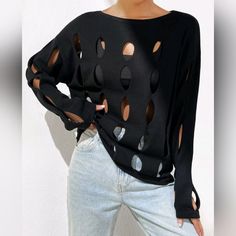 Black Sweater Top With Holes Holey Sweater, Knitted Sweaters With Holes, Sweater With Holes, Black Hole Sweater, Hollow Out Crop Sweater, Colorful Sweaters, Black Sweaters, Sweater Top, Sweaters For Women