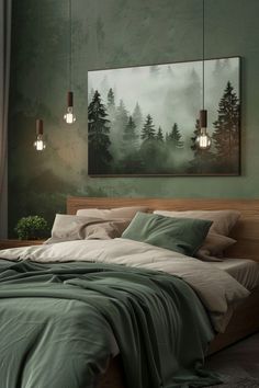 a bed with green sheets and pillows in a room that has a painting on the wall