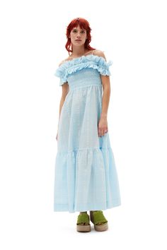 Summer Off-shoulder Smocked Dress With Ruffles, Off-shoulder Smocked Dress With Ruffles For Summer, Off-shoulder Smocked Dress With Ruffles, Summer Ruffle Dress In Lightweight Fabric, Ice Dresses, Jeans Boots, Ice Water, Blue Maxi, Maxi Dress Blue