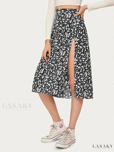 Lasaky - Chic and Trendy Split Hem Daisy Print Midi Skirt Casual Black Split Skirt, Chic Non-stretch Split Skirt, Casual Non-stretch Split Skirt, Non-stretch Split Skirt In Casual Style, Spring Relaxed Fit Skirt With Split, Casual Spring Maxi Skirt With Split, Casual White Skirt With Split, Casual Split Maxi Skirt For Spring, Casual Split Skirt For Spring