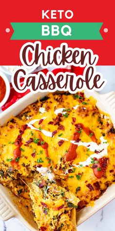 chicken casserole on a plate with text overlay that reads keto bbq chicken casserole