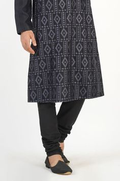 Black chanderi kurta with geometric thread embroidery. Comes with churidar. - Aza Fashions Black Traditional Wear With Designer Patterns, Black Cotton Churidar For Eid, Traditional Kurta With Woven Motifs For Eid, Designer Black Cotton Churidar, Traditional Eid Kurta With Woven Motifs, Black Kurta For Ceremonial Occasions During Transitional Season, Traditional Black Churidar For Transitional Season, Black Chanderi Bandhgala For Festive Occasions, Traditional Black Bandhgala With Chikankari Embroidery