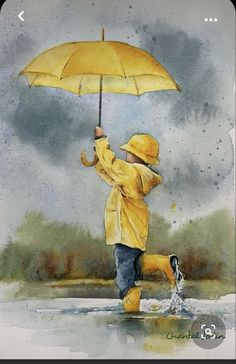 a watercolor painting of a little boy in yellow raincoat holding an umbrella