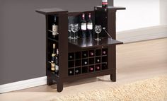 a wine rack with bottles and glasses on it