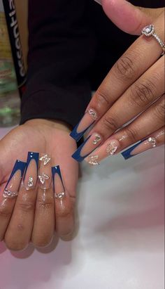 Navy Blue Nails With Butterflies, Homecoming Nail Ideas Royal Blue, Royal Blue Nails Butterfly, Dark Blue Nails With Butterflies, Acrylic Nails For Navy Blue Prom Dress, Navy Blue Nail Designs For Prom, Navy Blue Nail Ideas For Prom, Royal Blue Nails With Silver, Royal Blue Acrylic Nails Design