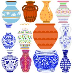 a bunch of vases that are on a white background with blue and orange designs