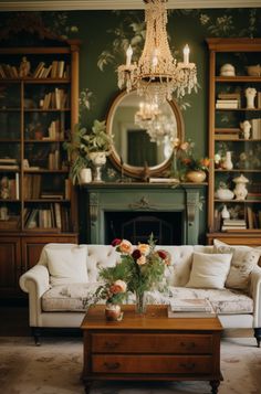 a living room filled with furniture and a chandelier hanging from the ceiling next to a fire place