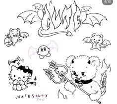 an image of some cartoon animals with fire and bats on their heads, one is holding a