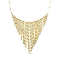 Update your dressy attire with this sensational bib necklace. Created in warm 10K gold, this stylish look features a curved bar adorned with shimmering tapered lengths of diamond-cut bead chain. Buffed to a brilliant luster, this design suspends centered along a 16.0-inch bead chain with 2.0-inch extender that secures with a spring-ring clasp. Elegant Gold Bib Necklace With Adjustable Chain, Elegant Gold Bib Necklace For Evening, Glamorous Yellow Gold Party Necklaces, Glamorous Yellow Gold Party Necklace, Elegant Gold Bar Necklace With Adjustable Chain, Tapered Fringe, Gold Bib Necklace, Dressy Attire, Geek Jewelry