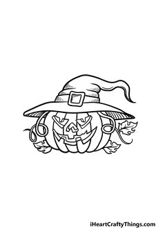 a black and white drawing of a pumpkin wearing a hat