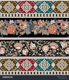 an ornate border with flowers and leaves on black, red, green, blue, white background