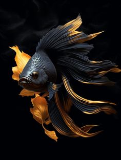 a gold and black fish with long hair