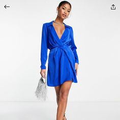 Nwt. Asos Royal Blue Dress. Size 12. Blue V-neck Shirt Dress For Day Out, Blue Summer Shirt Dress For Party, Blue Shirt Dress For Summer Date Night, Blue V-neck Shirt Dress For Work, Chic Blue Mini Length Shirt Dress, Chic Royal Blue V-neck Mini Dress, Elegant Blue Shirt Dress For Day Out, Chic Blue Shirt Dress For Party, Chic Blue Mini Shirt Dress