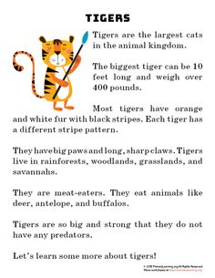 the tiger is holding a stick and pointing to it's right side, with words describing