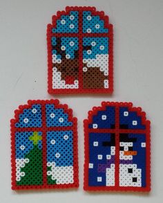 three pieces of bead art depicting snowmen and christmas trees in front of a window