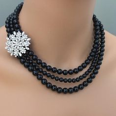 Complete Black Jewelry Set Pearl Necklace with Brooch Bracelet Rhinestone Earrings Mystic Black Swar Black Jewelry Set, Mother Of The Bride Jewelry, Edgy Classic, Necklace Set With Earrings, Black Pearl Necklace, Pearl Necklace Set, Necklace Extender, Wedding Jewelry Bracelets, Wedding Bridal Jewellery